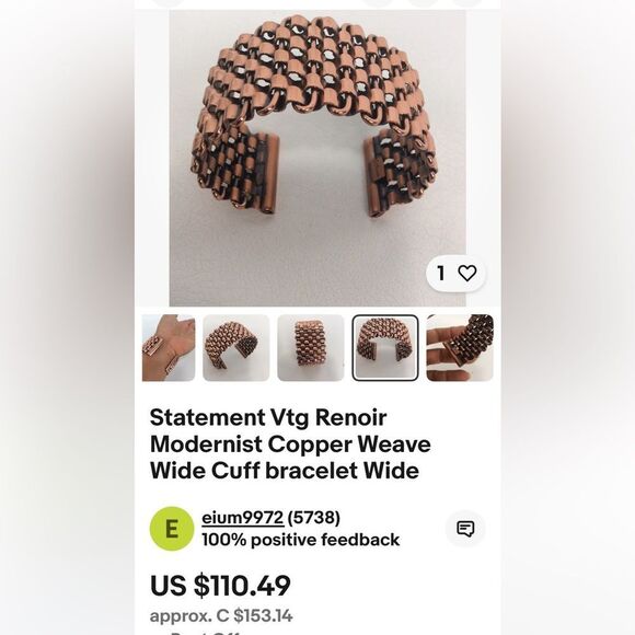Renoir Copper Basket Weave Cuff Bracelet Vintage Mid Century Modernist - Picture 10 of 10
